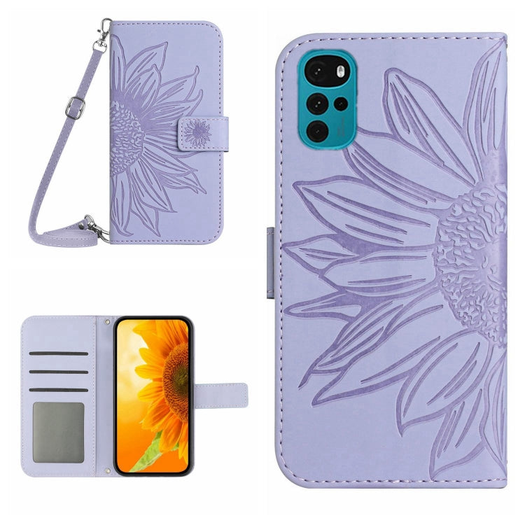 For Motorola Moto G22 Skin Feel Sun Flower Pattern Flip Leather Phone Case with Lanyard