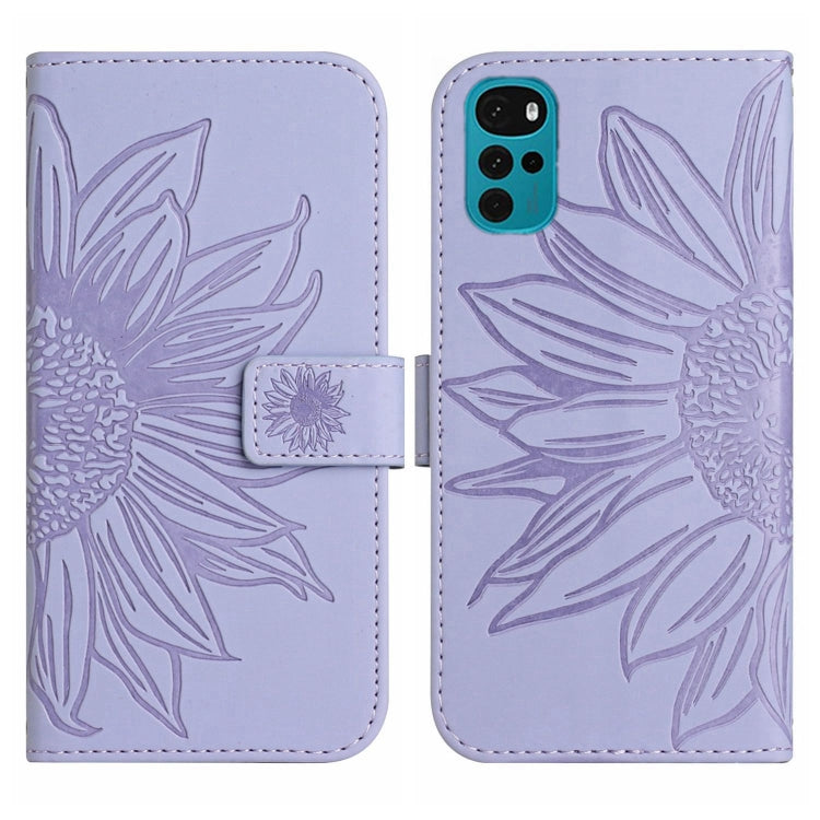 For Motorola Moto G22 Skin Feel Sun Flower Pattern Flip Leather Phone Case with Lanyard