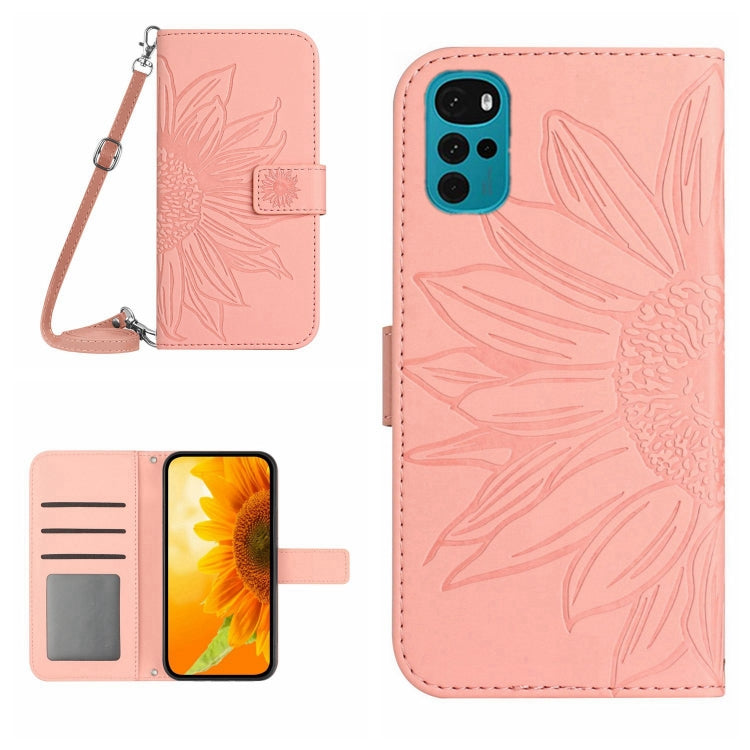 For Motorola Moto G22 Skin Feel Sun Flower Pattern Flip Leather Phone Case with Lanyard