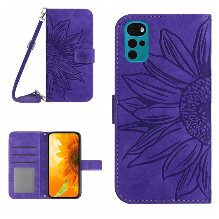 For Motorola Moto G22 Skin Feel Sun Flower Pattern Flip Leather Phone Case with Lanyard