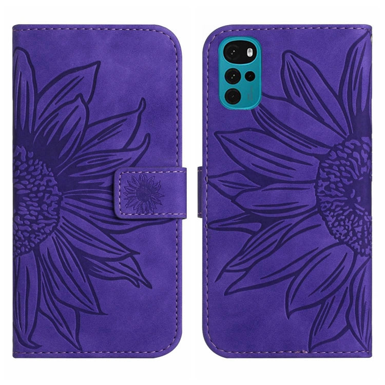 For Motorola Moto G22 Skin Feel Sun Flower Pattern Flip Leather Phone Case with Lanyard