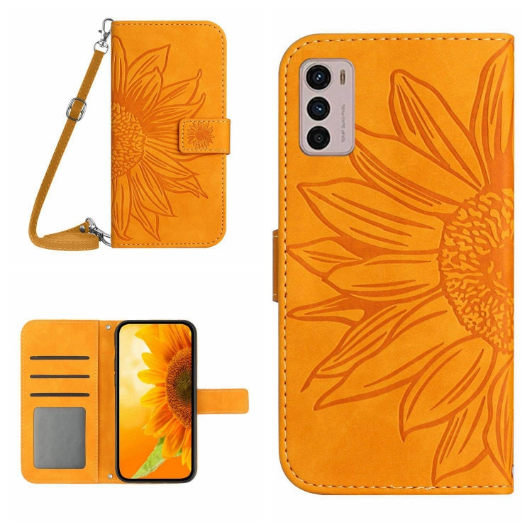 For Motorola Moto G42 Skin Feel Sun Flower Pattern Flip Leather Phone Case with Lanyard