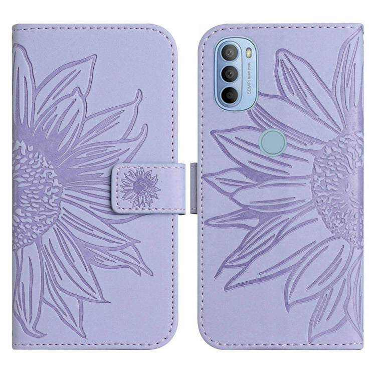 For Motorola Moto G51 5G Skin Feel Sun Flower Pattern Flip Leather Phone Case with Lanyard