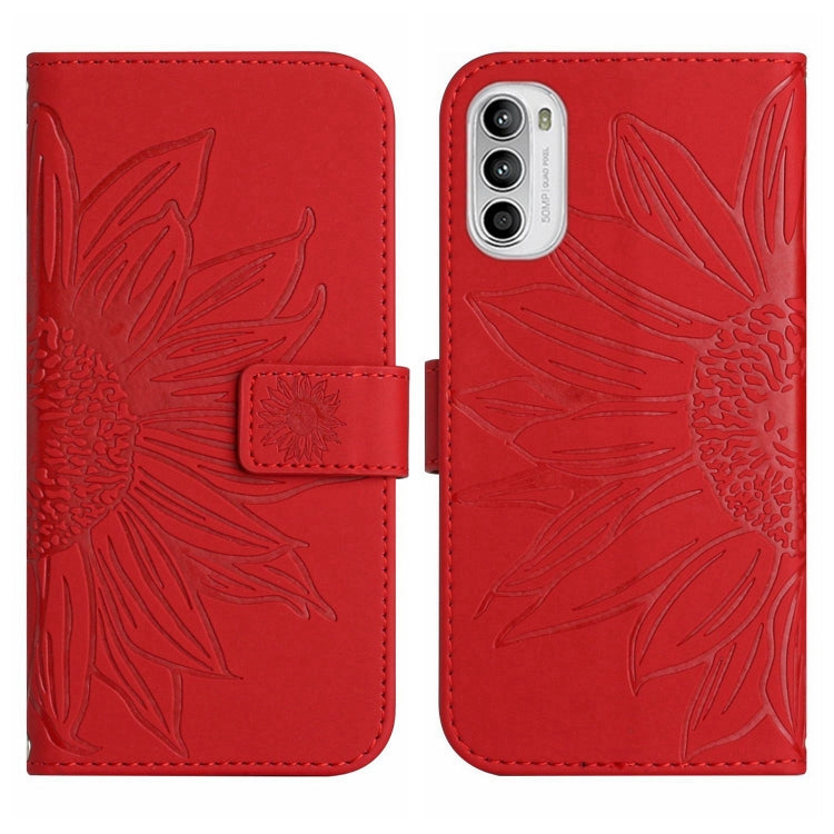 For Motorola Moto G52J Skin Feel Sun Flower Pattern Flip Leather Phone Case with Lanyard