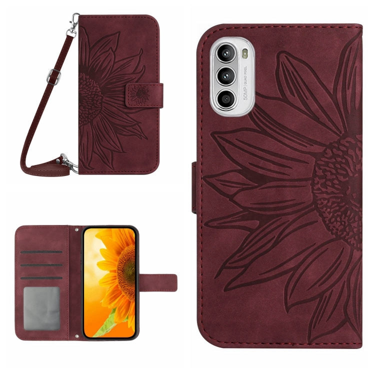 For Motorola Moto G52J Skin Feel Sun Flower Pattern Flip Leather Phone Case with Lanyard