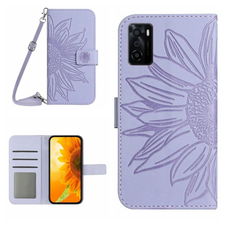 For OPPO A55S Japan Edition Skin Feel Sun Flower Pattern Flip Leather Phone Case with Lanyard