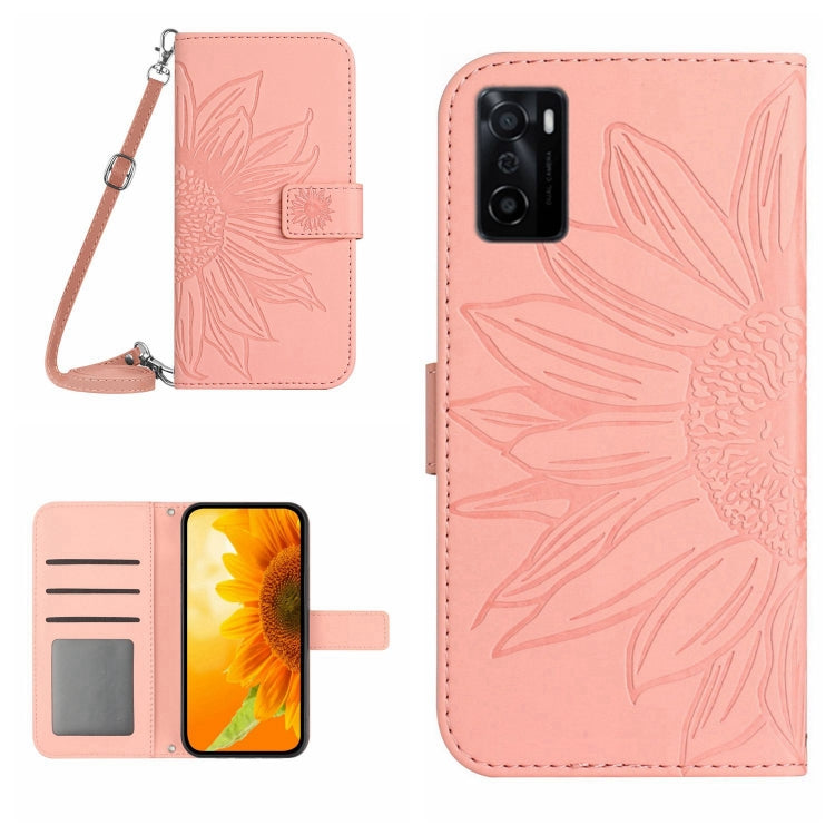 For OPPO A55S Japan Edition Skin Feel Sun Flower Pattern Flip Leather Phone Case with Lanyard