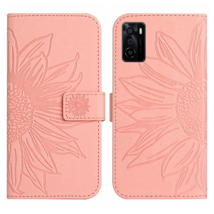 For OPPO A55S Japan Edition Skin Feel Sun Flower Pattern Flip Leather Phone Case with Lanyard