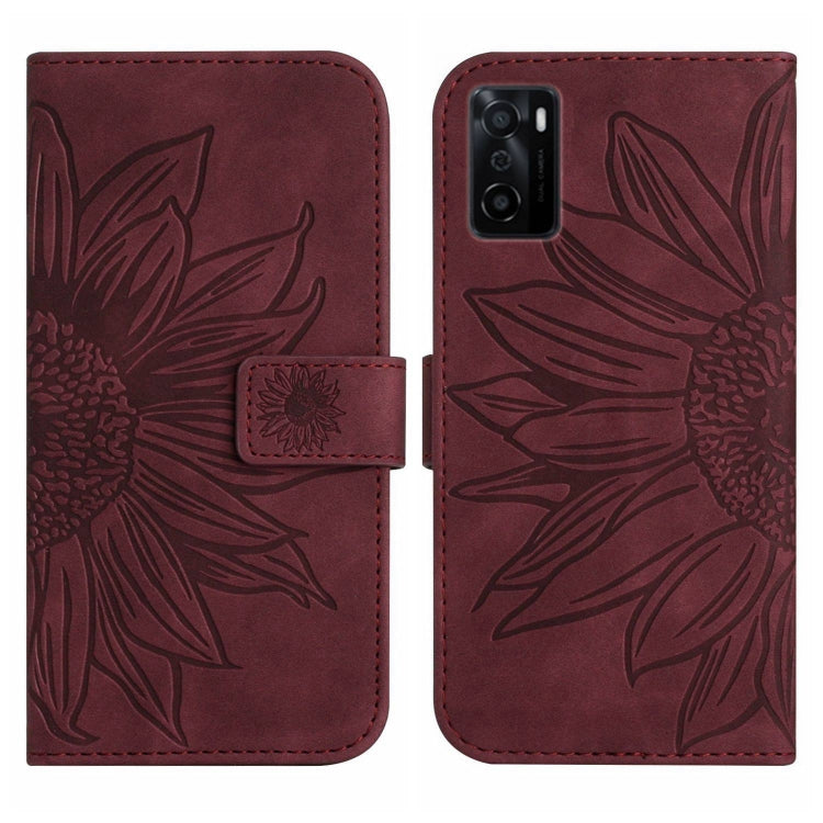 For OPPO A55S Japan Edition Skin Feel Sun Flower Pattern Flip Leather Phone Case with Lanyard