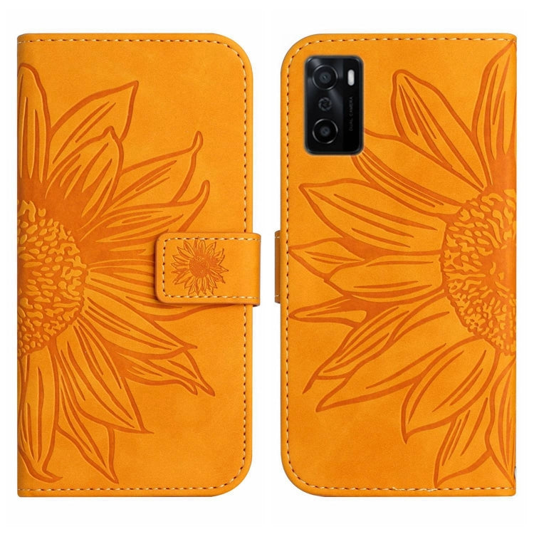 For OPPO A55S Japan Edition Skin Feel Sun Flower Pattern Flip Leather Phone Case with Lanyard