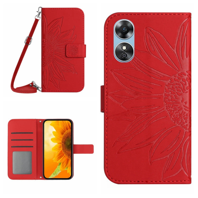For OPPO A17 Skin Feel Sun Flower Pattern Flip Leather Phone Case with Lanyard