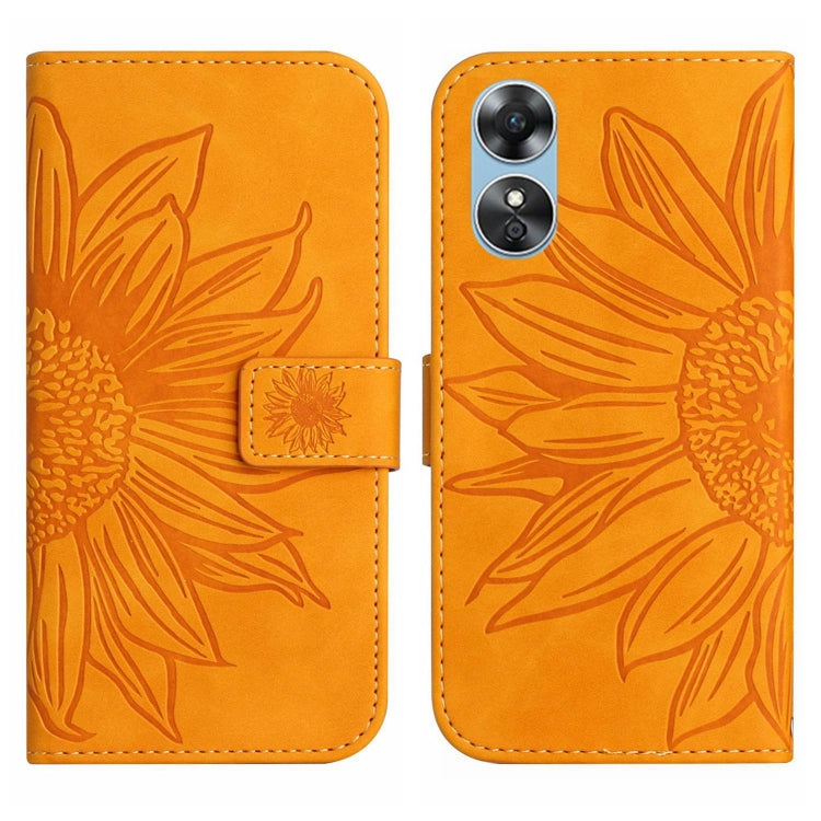For OPPO A17 Skin Feel Sun Flower Pattern Flip Leather Phone Case with Lanyard