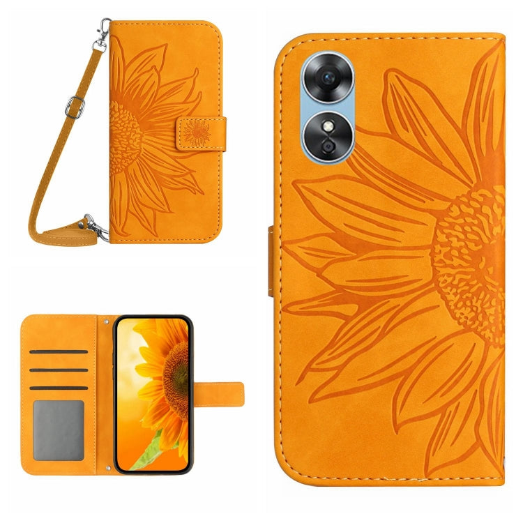 For OPPO A17 Skin Feel Sun Flower Pattern Flip Leather Phone Case with Lanyard