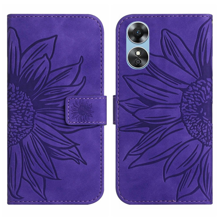 For OPPO A17 Skin Feel Sun Flower Pattern Flip Leather Phone Case with Lanyard