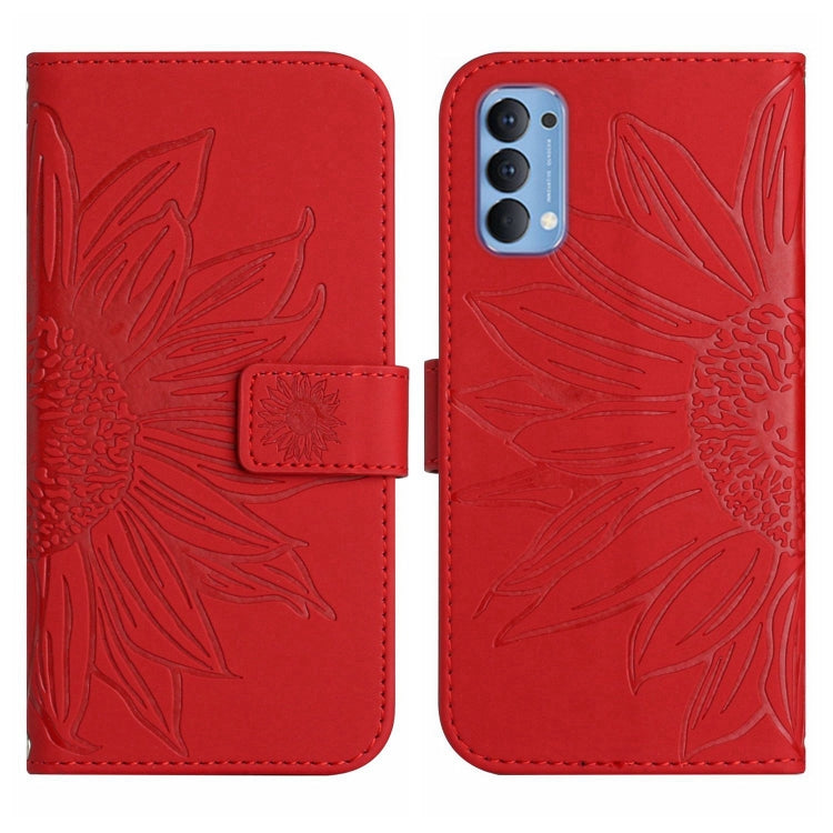 For OPPO Reno4 5G Skin Feel Sun Flower Pattern Flip Leather Phone Case with Lanyard