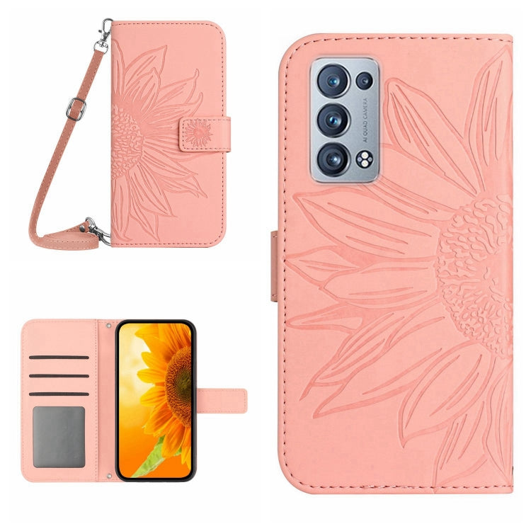 For OPPO Reno6 Pro Global Skin Feel Sun Flower Pattern Flip Leather Phone Case with Lanyard