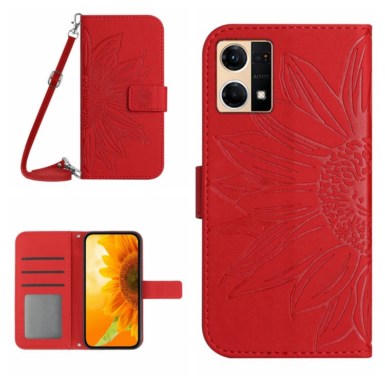 For OPPO Reno7 4G/Reno8 4G Skin Feel Sun Flower Pattern Flip Leather Phone Case with Lanyard