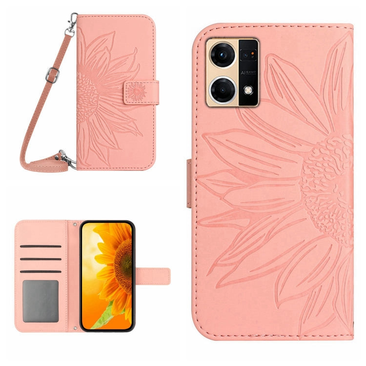 For OPPO Reno7 4G/Reno8 4G Skin Feel Sun Flower Pattern Flip Leather Phone Case with Lanyard