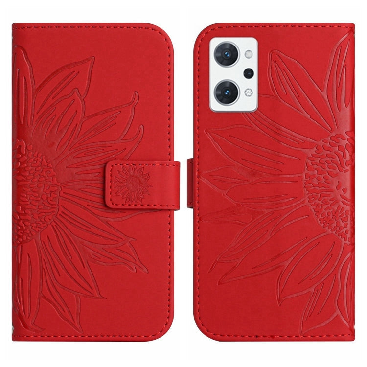 For OPPO Reno7 A Japan Edition Skin Feel Sun Flower Pattern Flip Leather Phone Case with Lanyard