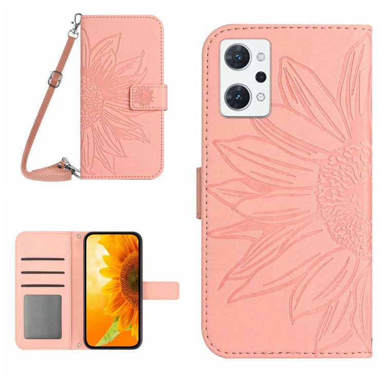 For OPPO Reno7 A Japan Edition Skin Feel Sun Flower Pattern Flip Leather Phone Case with Lanyard