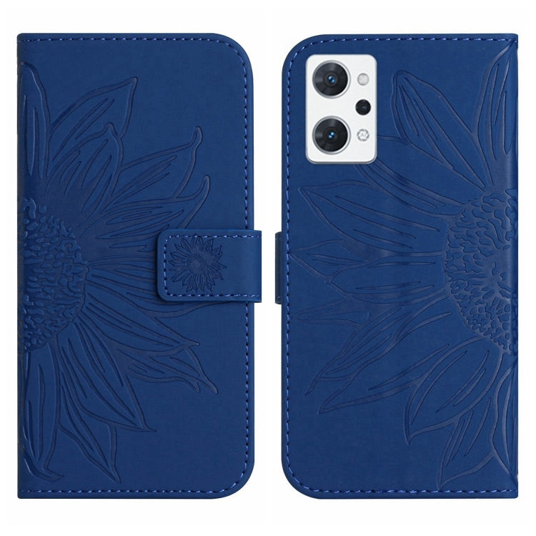 For OPPO Reno7 A Japan Edition Skin Feel Sun Flower Pattern Flip Leather Phone Case with Lanyard