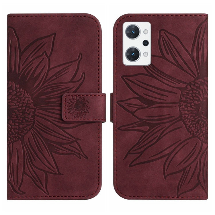 For OPPO Reno7 A Japan Edition Skin Feel Sun Flower Pattern Flip Leather Phone Case with Lanyard