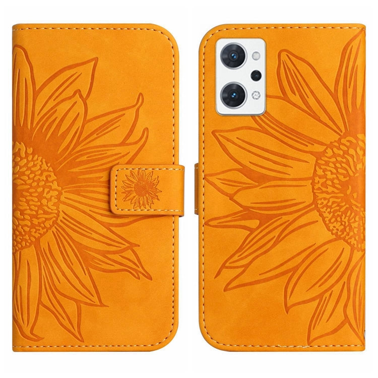 For OPPO Reno7 A Japan Edition Skin Feel Sun Flower Pattern Flip Leather Phone Case with Lanyard