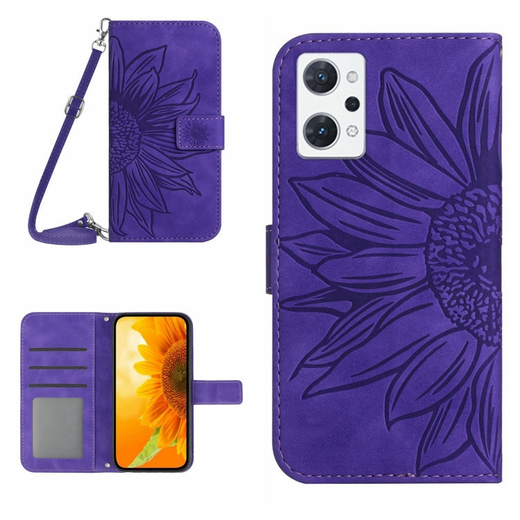 For OPPO Reno7 A Japan Edition Skin Feel Sun Flower Pattern Flip Leather Phone Case with Lanyard