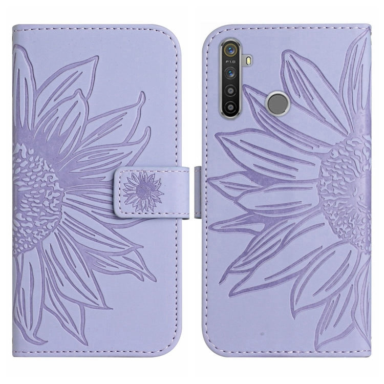 For Realme 5 Skin Feel Sun Flower Pattern Flip Leather Phone Case with Lanyard