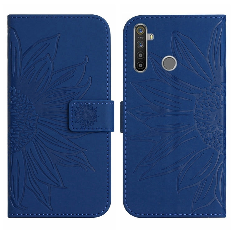 For Realme 5 Skin Feel Sun Flower Pattern Flip Leather Phone Case with Lanyard
