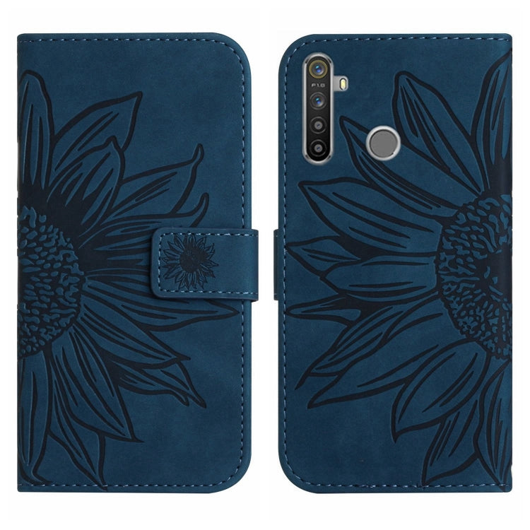 For Realme 5 Skin Feel Sun Flower Pattern Flip Leather Phone Case with Lanyard