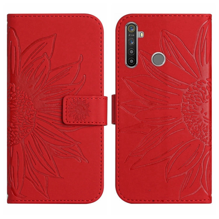 For Realme 5 Pro Skin Feel Sun Flower Pattern Flip Leather Phone Case with Lanyard