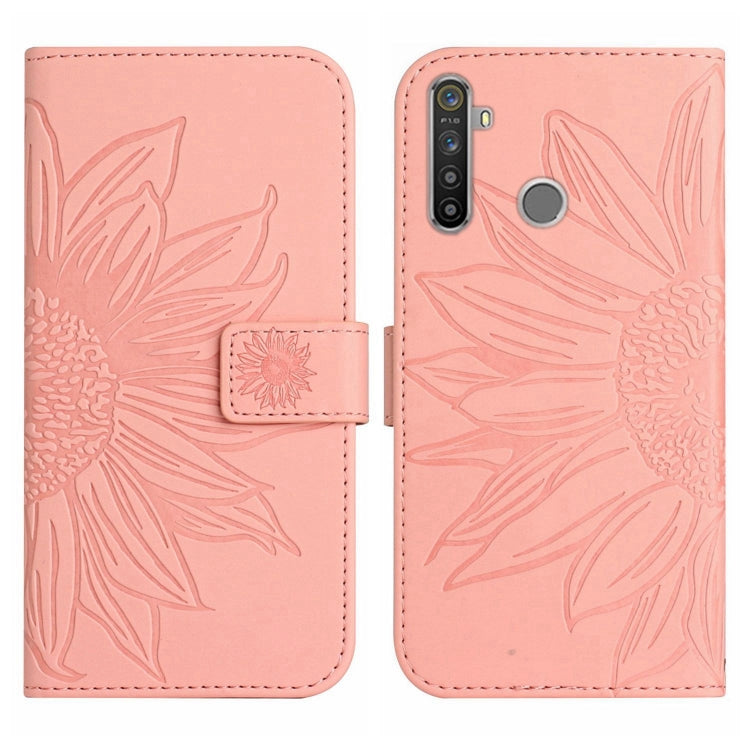 For Realme 5 Pro Skin Feel Sun Flower Pattern Flip Leather Phone Case with Lanyard