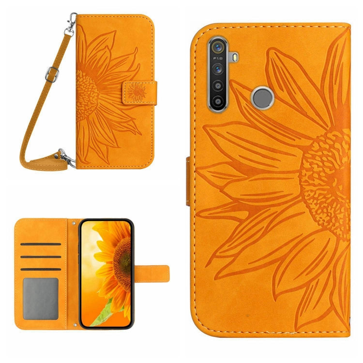 For Realme 5 Pro Skin Feel Sun Flower Pattern Flip Leather Phone Case with Lanyard