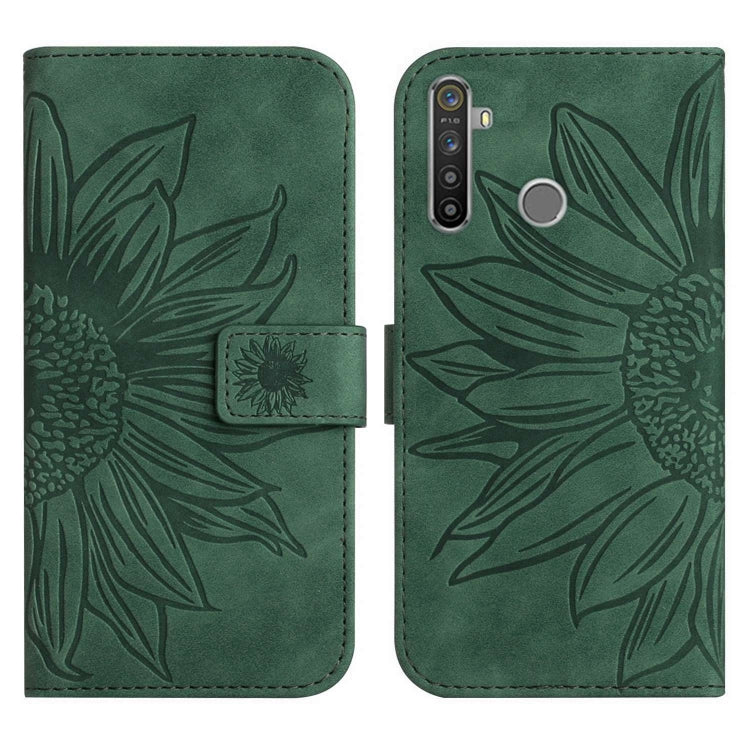 For Realme 5 Pro Skin Feel Sun Flower Pattern Flip Leather Phone Case with Lanyard