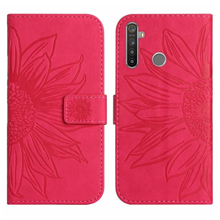For Realme 5 Pro Skin Feel Sun Flower Pattern Flip Leather Phone Case with Lanyard