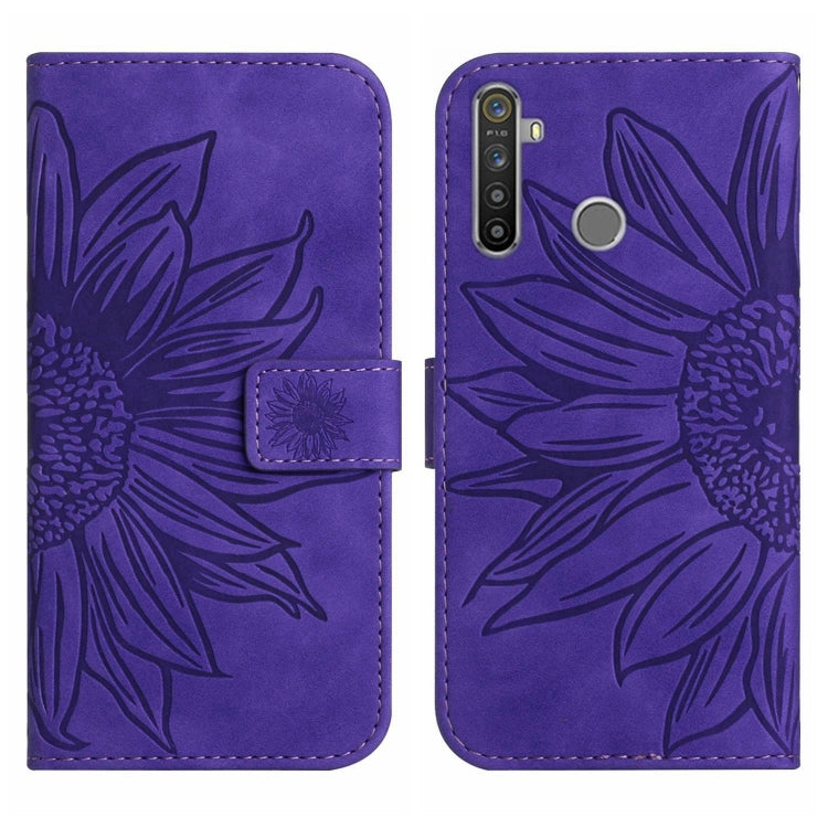 For Realme 5 Pro Skin Feel Sun Flower Pattern Flip Leather Phone Case with Lanyard