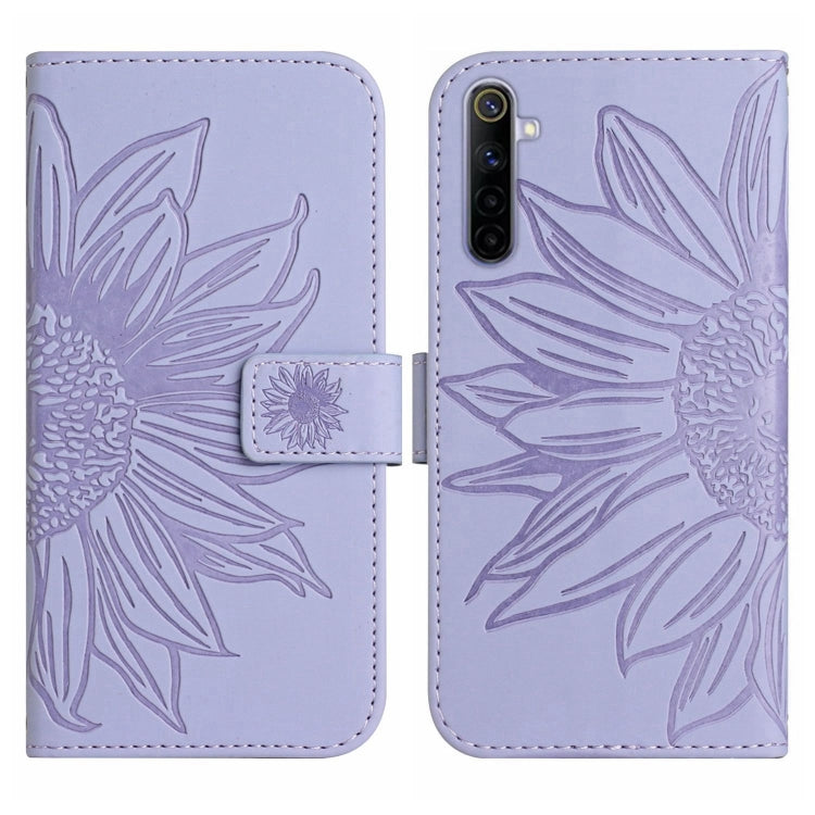 For Realme 6 Skin Feel Sun Flower Pattern Flip Leather Phone Case with Lanyard