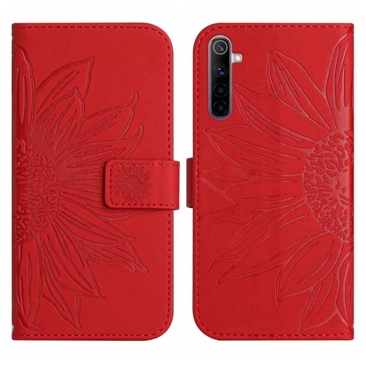 For Realme 6 Pro Skin Feel Sun Flower Pattern Flip Leather Phone Case with Lanyard