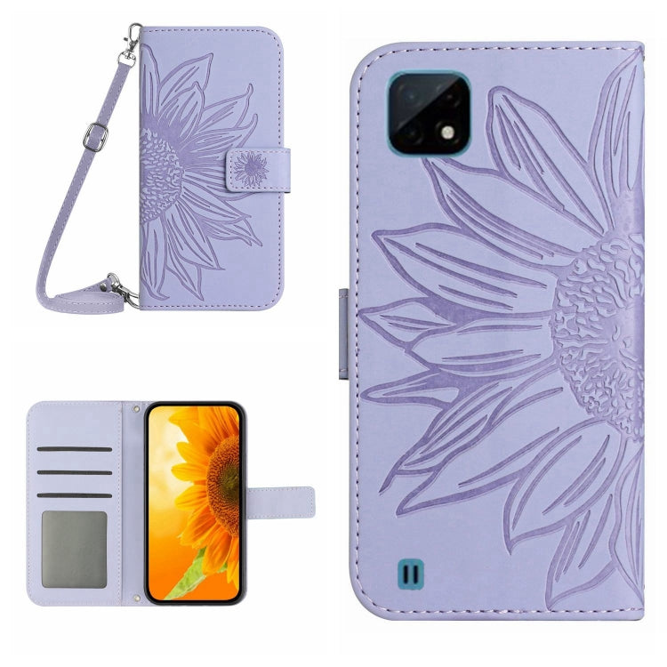 For Realme C11 Skin Feel Sun Flower Pattern Flip Leather Phone Case with Lanyard