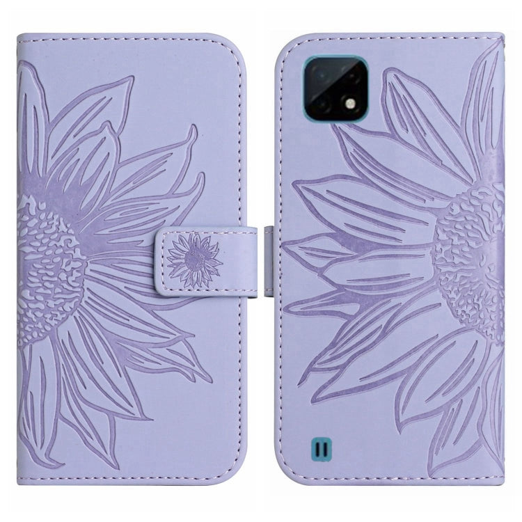 For Realme C11 Skin Feel Sun Flower Pattern Flip Leather Phone Case with Lanyard