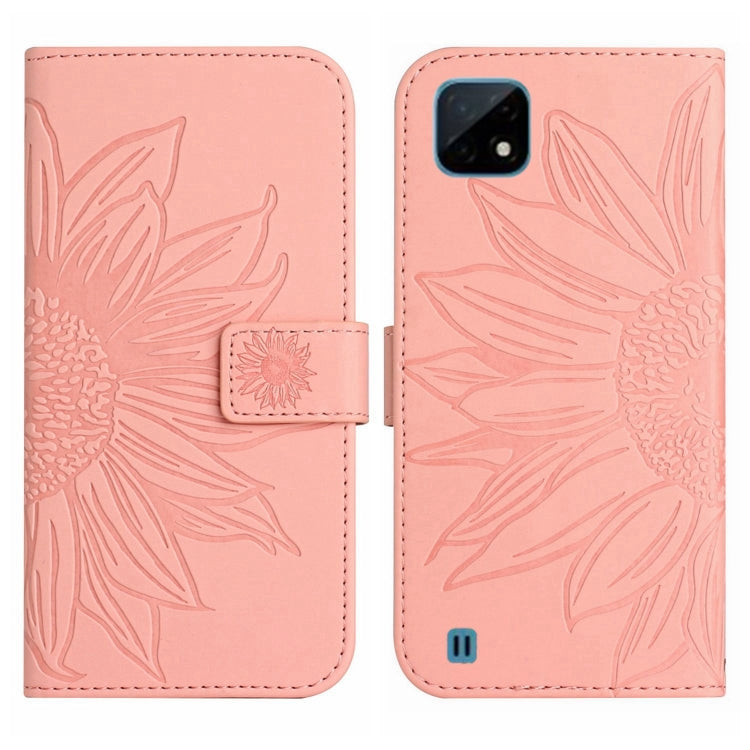For Realme C11 Skin Feel Sun Flower Pattern Flip Leather Phone Case with Lanyard
