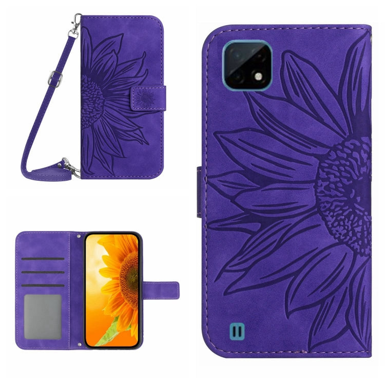 For Realme C11 Skin Feel Sun Flower Pattern Flip Leather Phone Case with Lanyard