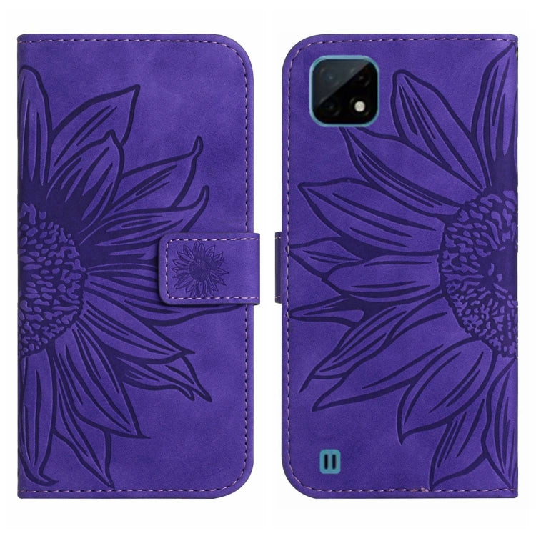 For Realme C11 Skin Feel Sun Flower Pattern Flip Leather Phone Case with Lanyard