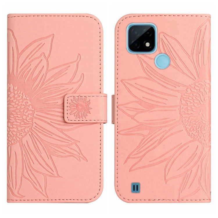 For Realme C20/C21 Skin Feel Sun Flower Pattern Flip Leather Phone Case with Lanyard