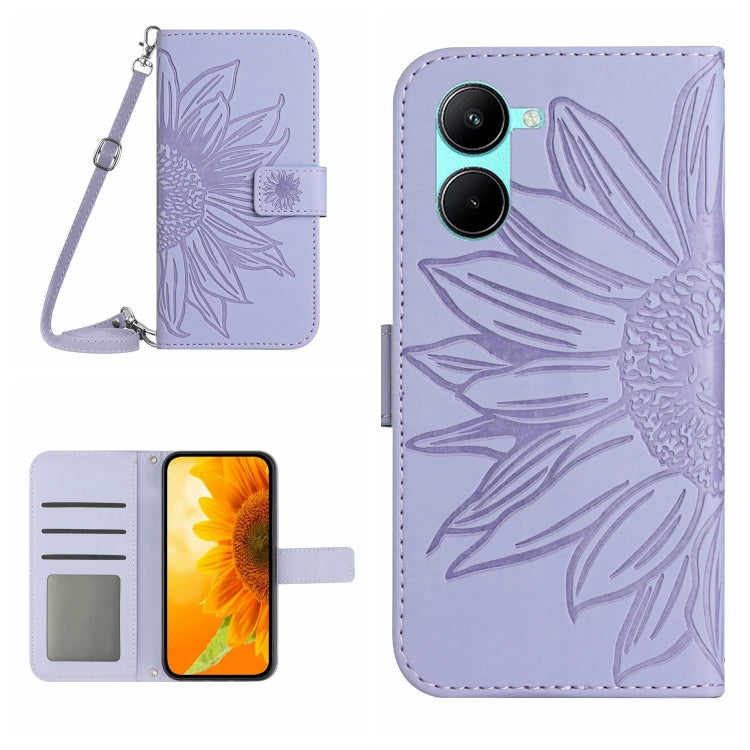 For Realme C33 Skin Feel Sun Flower Pattern Flip Leather Phone Case with Lanyard