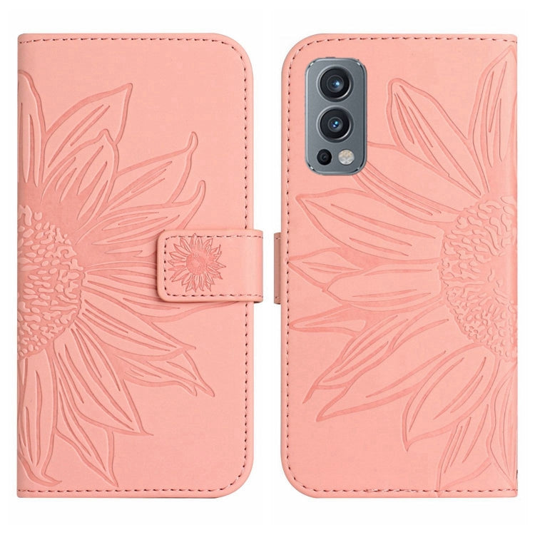 For OnePlus Nord 2 Skin Feel Sun Flower Pattern Flip Leather Phone Case with Lanyard