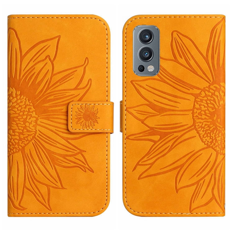 For OnePlus Nord 2 Skin Feel Sun Flower Pattern Flip Leather Phone Case with Lanyard