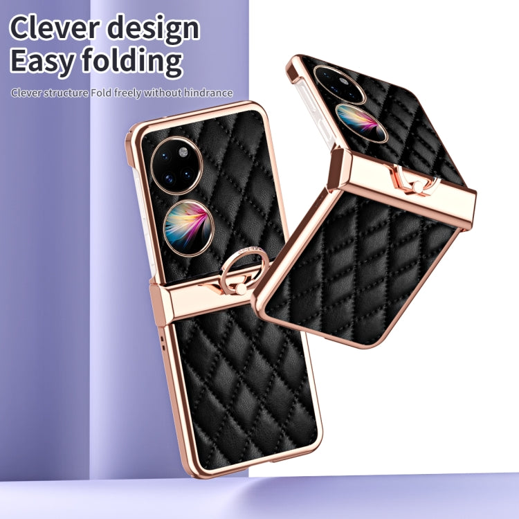 For Huawei P50 Pocket Grid Leather Pattern Electroplating Frame Folding Phone Case
