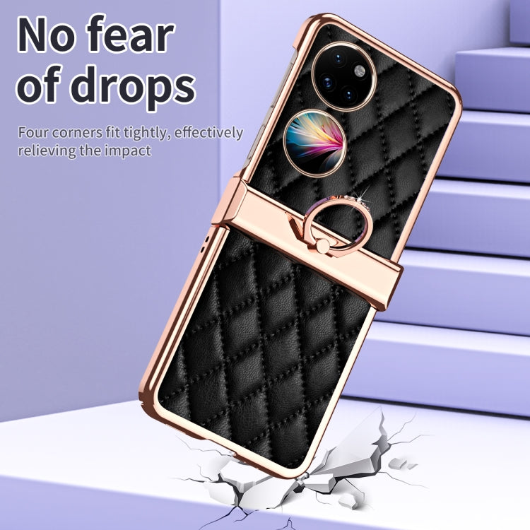 For Huawei P50 Pocket Grid Leather Pattern Electroplating Frame Folding Phone Case